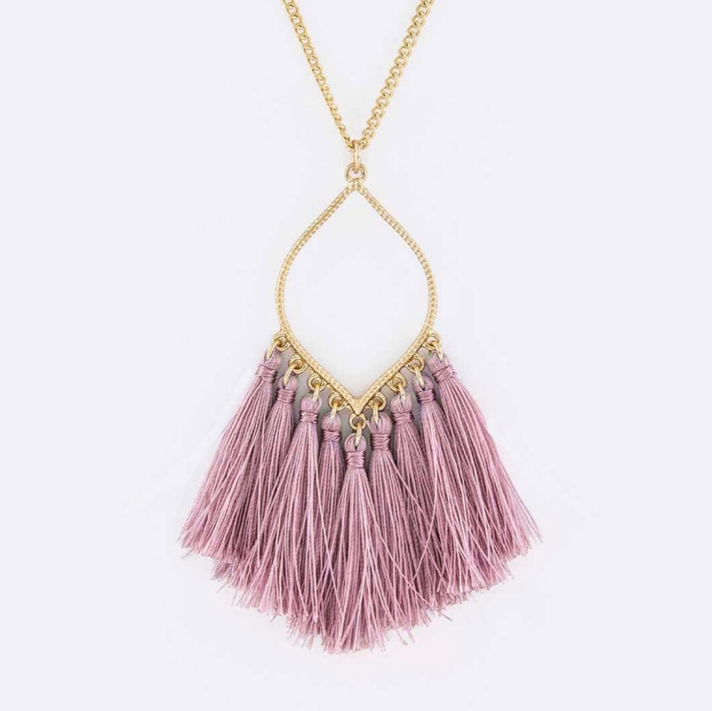 Gold Long Pendant Necklace Open Leaf With Fringe Tassels Dusty Rose